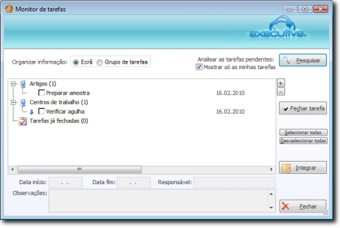 Monitor de Tarefas onde é possível analisar num único ecrã as tarefas pendentes
