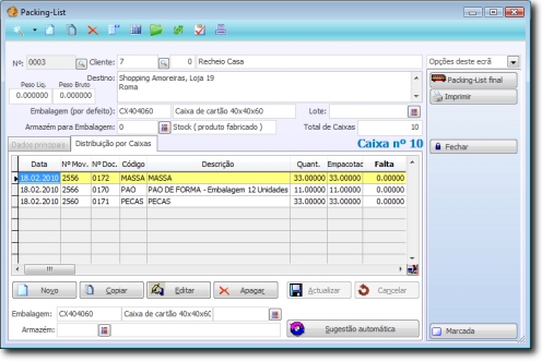 ecrã de Packing-list, distribuição por caixas